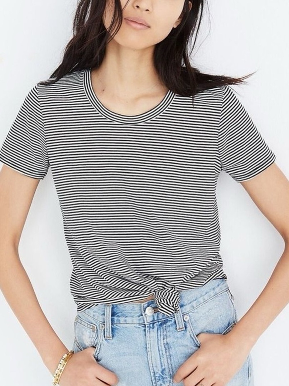 Madewell Striped Black & White Knot Front Tee